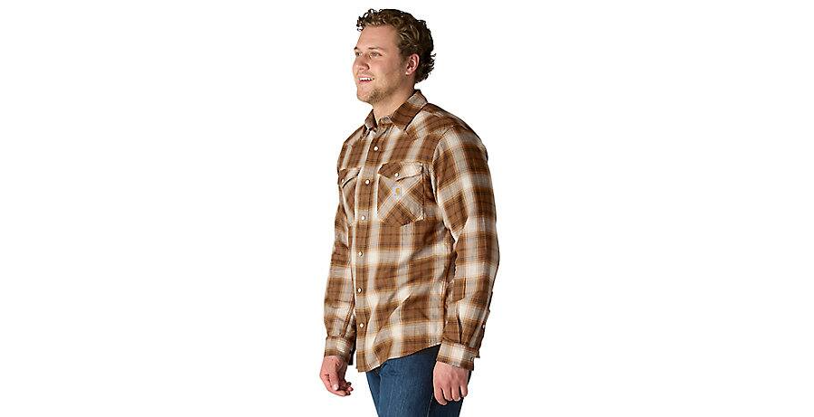 Montana Rugged Flex Relaxed Fit Lightweight Long-Sleeve Press-Stud Front Check Shirt Brown