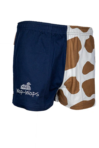 Wop Wop Harlequin Rugby Shorts Brown and Blue Cow Print